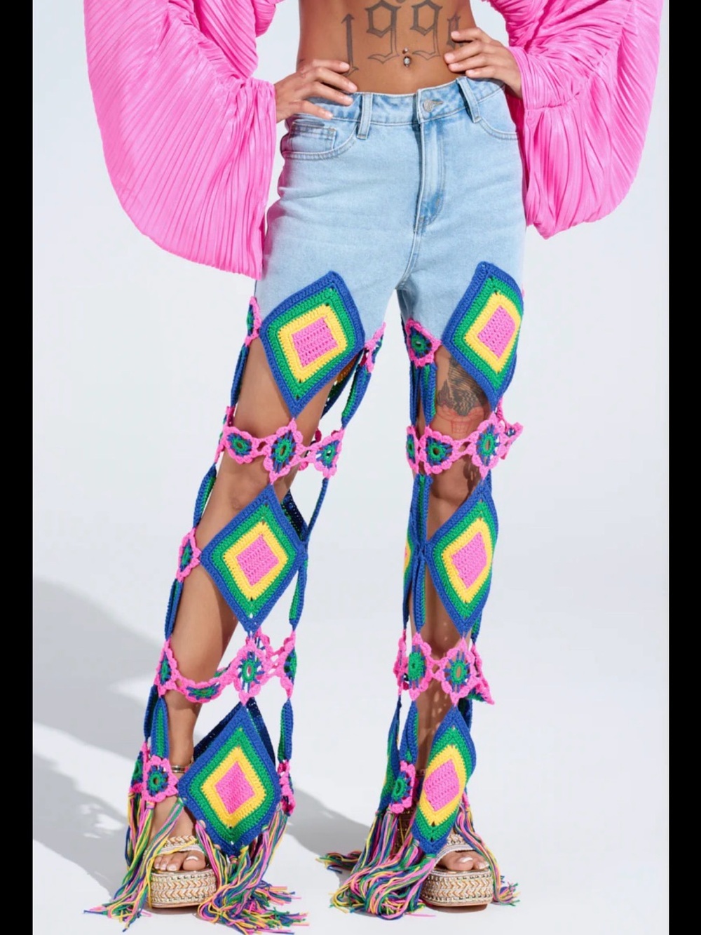 AKIRA Blue Denim Jeans with Multicolor Crochet Panels (Pink, Green, Yellow)